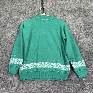 American Pride Sweater Womens Medium Green Floral Knit Made USA Outdoor Casual